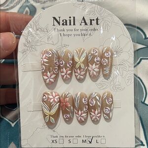 Floral Nail Art Set - Tan and Pink Size M